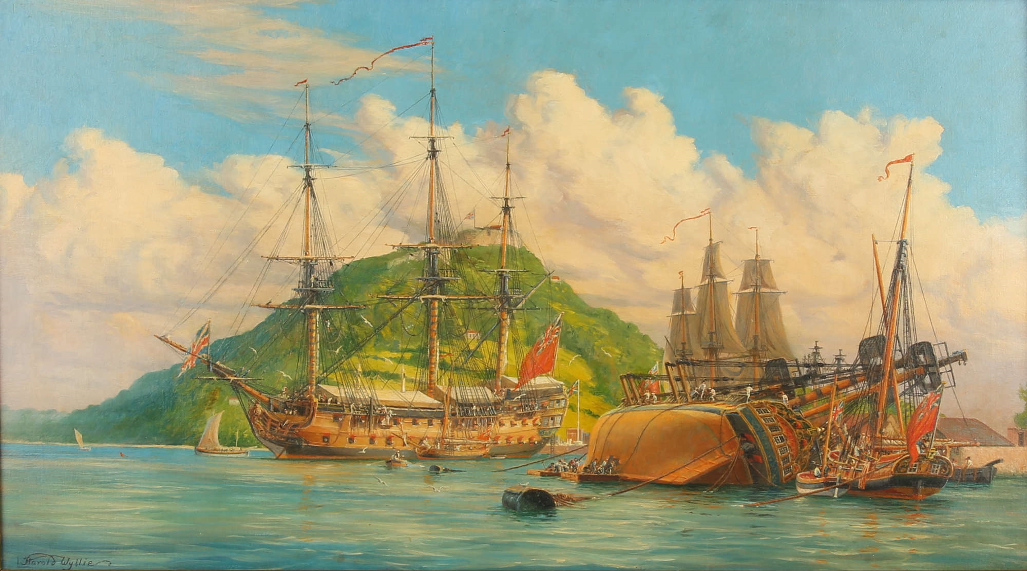 Artwork by Harold Wyllie, H.M.S. Albion in English Harbour, Made of oil on canvas