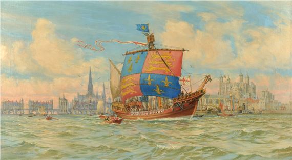 A medieval scene on the Thames near the Tower of London