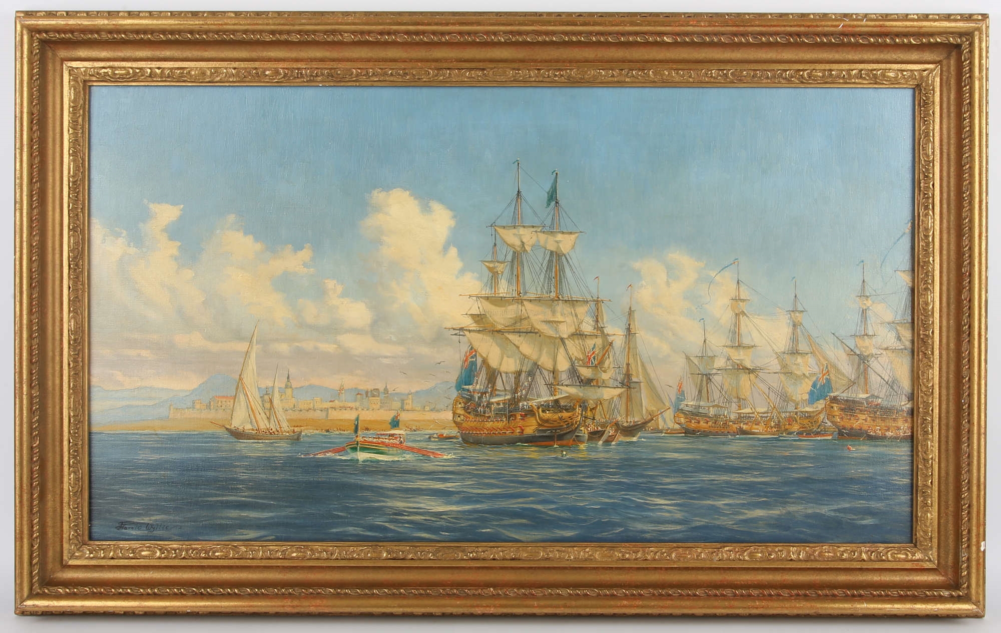 Artwork by Harold Wyllie, A fleet in harbour, Made of oil on canvas