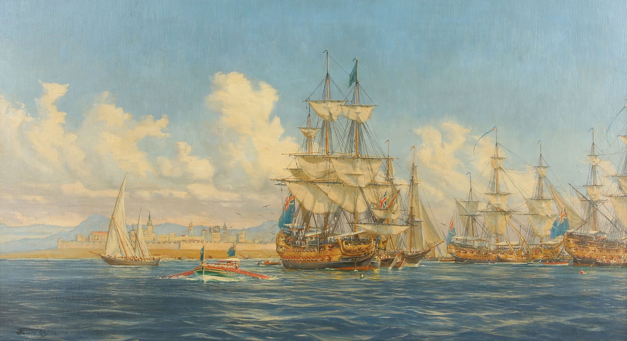 Artwork by Harold Wyllie, A fleet in harbour, Made of oil on canvas