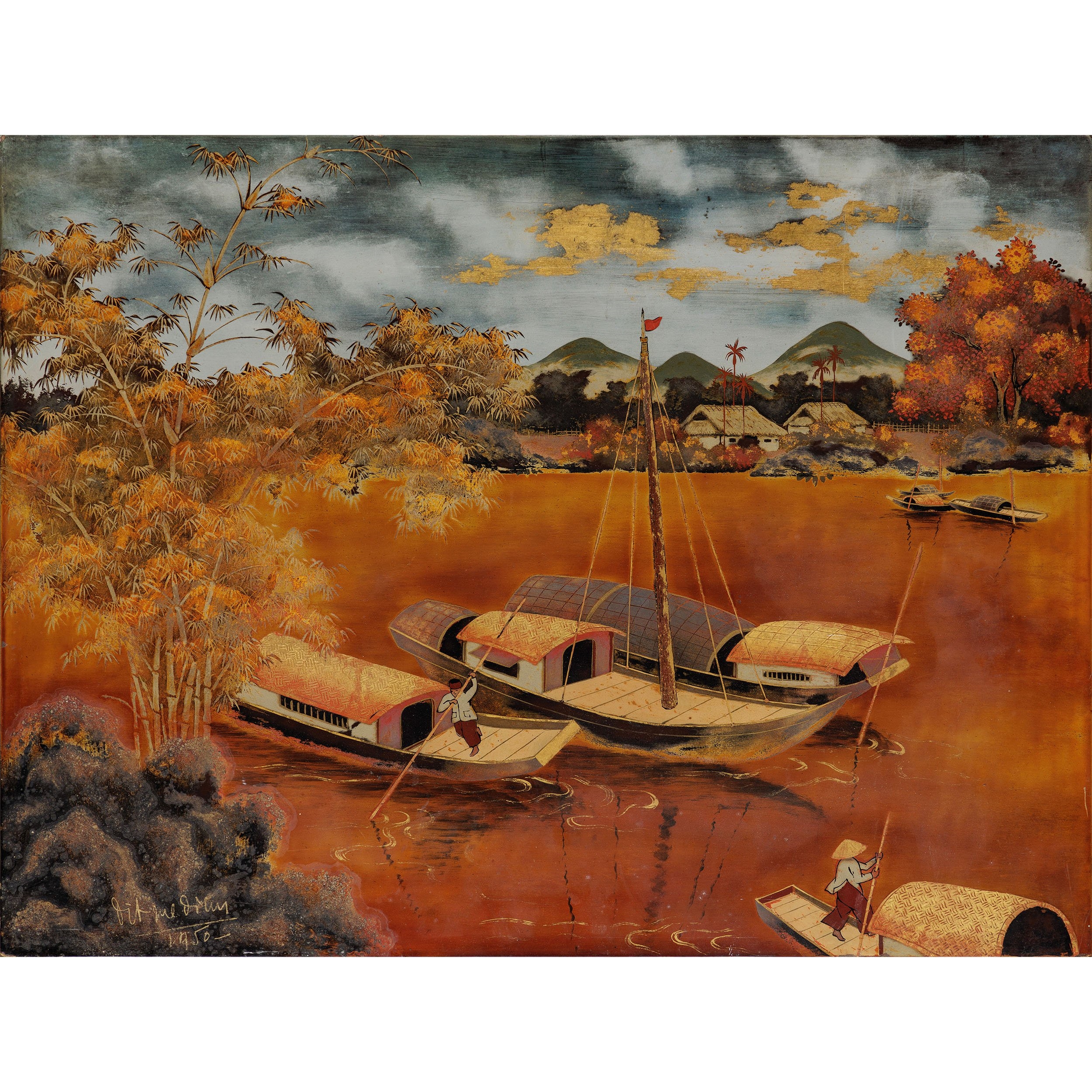 Dinh Minh | Pagodes et bambous le long d’un fleuve, 1950 (1950) | MutualArt