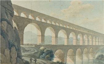 A grand stone aqueduct spans a river valley, depicted in a soft, atmospheric watercolor style.