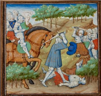 GAWAIN AND HIS COMPANIONS IN SEARCH OF LANCELOT, ILLUMINATED BY THE DUNOIS MASTER (Jean Haincelin?): a miniature on a cutting from a copy of Le livre du Lancelot du lac , in French, illuminated manuscript on vellum - Dunois Master