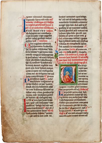 A HALF-LENGTH APOSTLE, attributed to Nikolaus Kuthner, a historiated initial on a leaf from a Breviary, in Latin, illuminated manuscript on vellum - Bohemian School, 15th Century