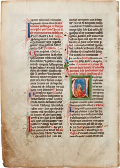 A HALF-LENGTH APOSTLE, attributed to Nikolaus Kuthner, a historiated initial on a leaf from a Breviary, in Latin, illuminated manuscript on vellum - Bohemian School, 15th Century