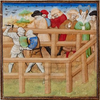 GAWAIN FIGHTING GLOADAIN THE SENESCHAL, ILLUMINATED BY THE DUNOIS MASTER (Jean Haincelin?): a miniature on a cutting from a copy of Le livre du Lancelot du lac , in French, illuminated manuscript on vellum - Dunois Master