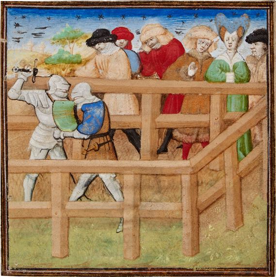 GAWAIN FIGHTING GLOADAIN THE SENESCHAL, ILLUMINATED BY THE DUNOIS MASTER (Jean Haincelin?): a miniature on a cutting from a copy of Le livre du Lancelot du lac , in French, illuminated manuscript on vellum - Dunois Master