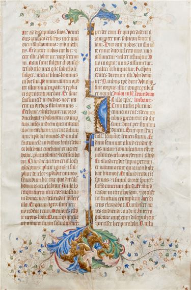 THREE LARGE ILLUMINATED INITIALS AND BORDERS on a leaf from a Gospel Lectionary, in Latin, illuminated manuscript on vellum - Bohemian School, 15th Century