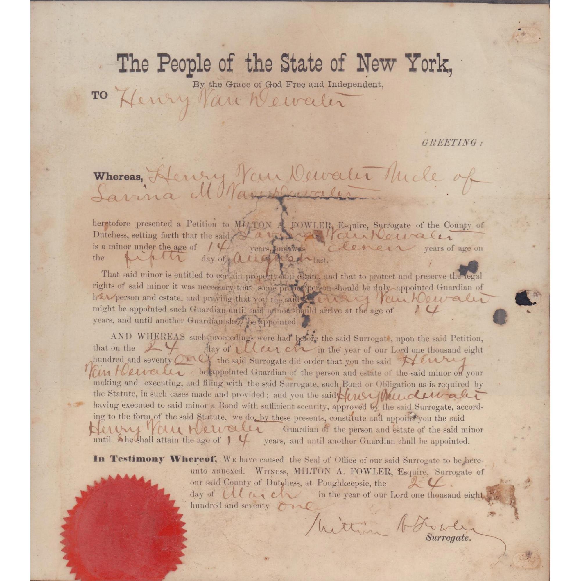 A. Fowler 1871 Notarized State of New York Letter Of Guardianship