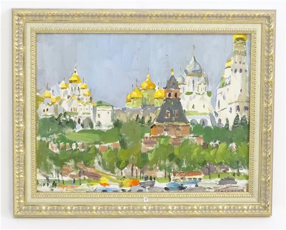 Moscow Kremlin. Signed lower right and ascribed and dated 1970 verso. Approx. 11 3/4" x 15 1/2" by Nikolai Nikolaevich Baskakov, dated 1970