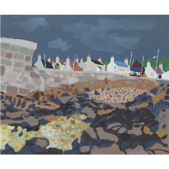 A colorful painting of a coastal village with houses perched on a rocky cliff against a moody sky.