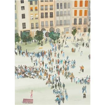 A vibrant watercolor scene of a crowded European plaza with tall buildings and numerous figures.