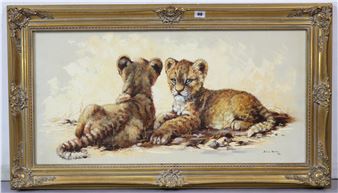 An oil painting on canvas by Silvia Duran depicting two lion cubs, signed & dated 75’, 40.5cm x 81 - Silvia Duran