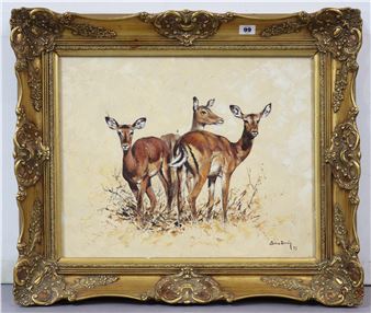 Another oil painting on canvas by Silvia Duran depicting three impalas, signed & dated 75’, 40.5cm x - Silvia Duran