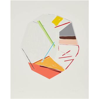 A geometric abstract composition featuring a multi-faceted shape with bold colors and sharp lines.