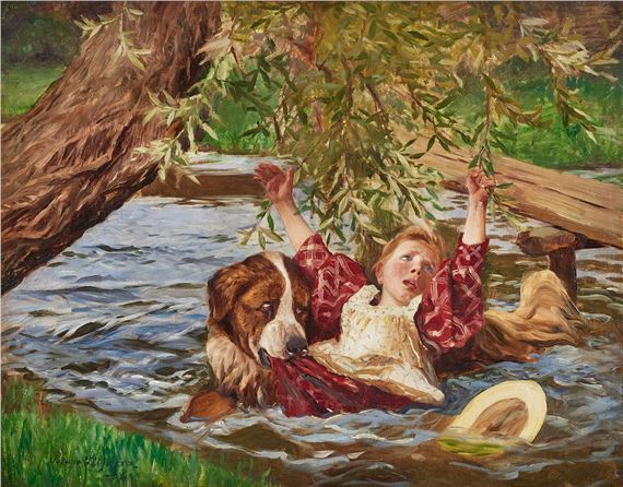 Flicka och Sant Bernardshund