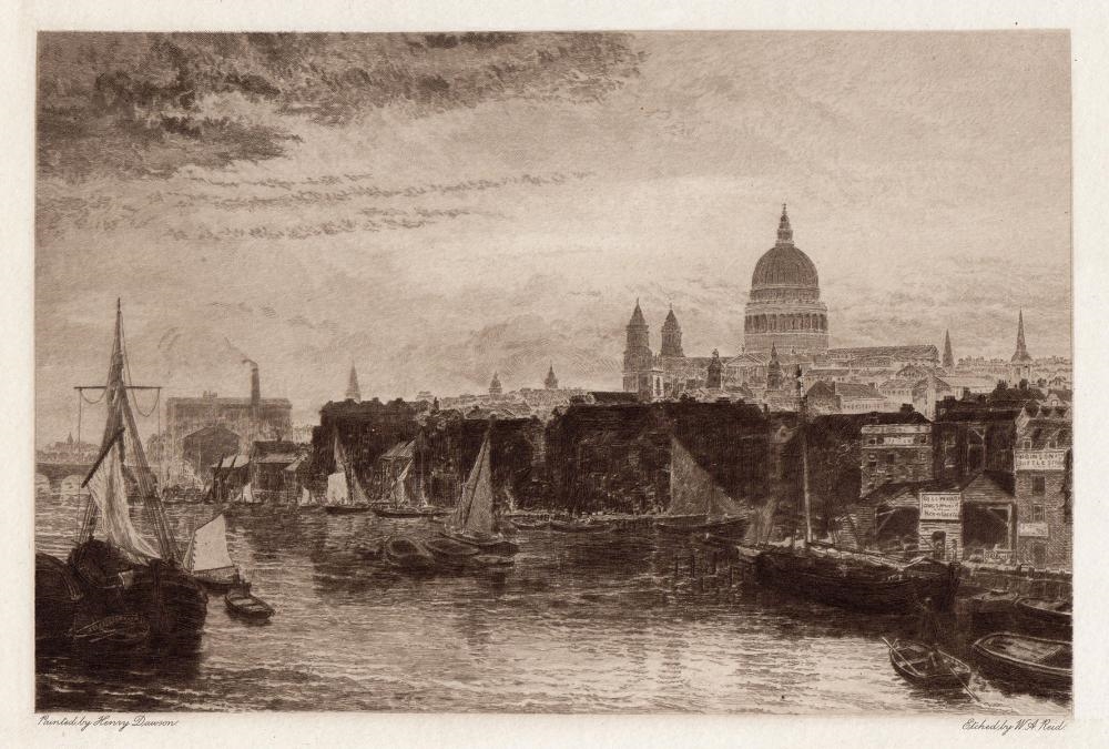 HENRY DAWSON Etching "View of St Paul's from the River" Framed Signed - W. A. Reid