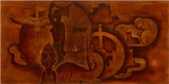 Condensé d'Afrique - Circa 1940 WOODEN LACQUER Signed lower right Size: 100 x 200 cm (small accidents and missing edges) An exceptional and rare work in the career of the artist who wanted to be a painter before becoming a ceramist. Commissioned by a close relative of the artist - Andre Rozay