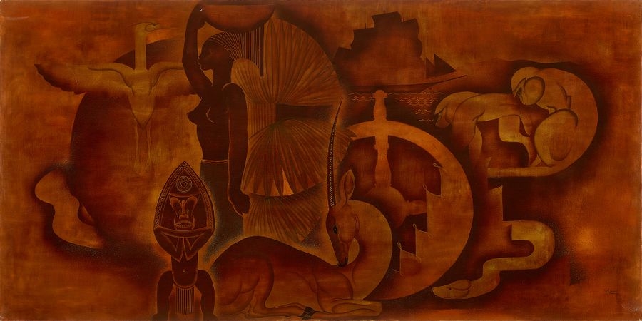 Artwork by Andre Rozay, Condensé d'Afrique - Circa 1940 WOODEN LACQUER Signed lower right Size: 100 x 200 cm (small accidents and missing edges) An exceptional and rare work in the career of the artist who wanted to be a painter before becoming a ceramist. Commissioned by a close relative of the artist, Made of LACQUER