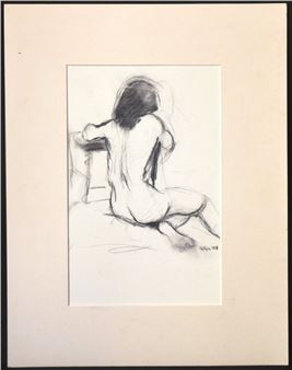 A sketch of a nude figure seated on the floor with a small stool nearby.