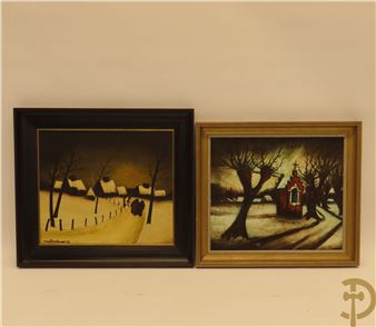 Geanimeerd besneeuwd dorpszicht; Besneeuwde landwegel met knotwilgen en kapel - Marcel Beeckman