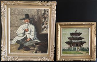 zwei asiatische Gemälde: dreistöckiger chinesischer Pavillon - Jin Jun