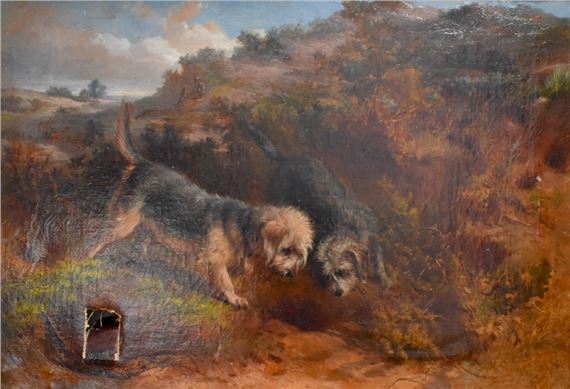 two Patterdale Terriers rabbiting by George Earl, dated 1872