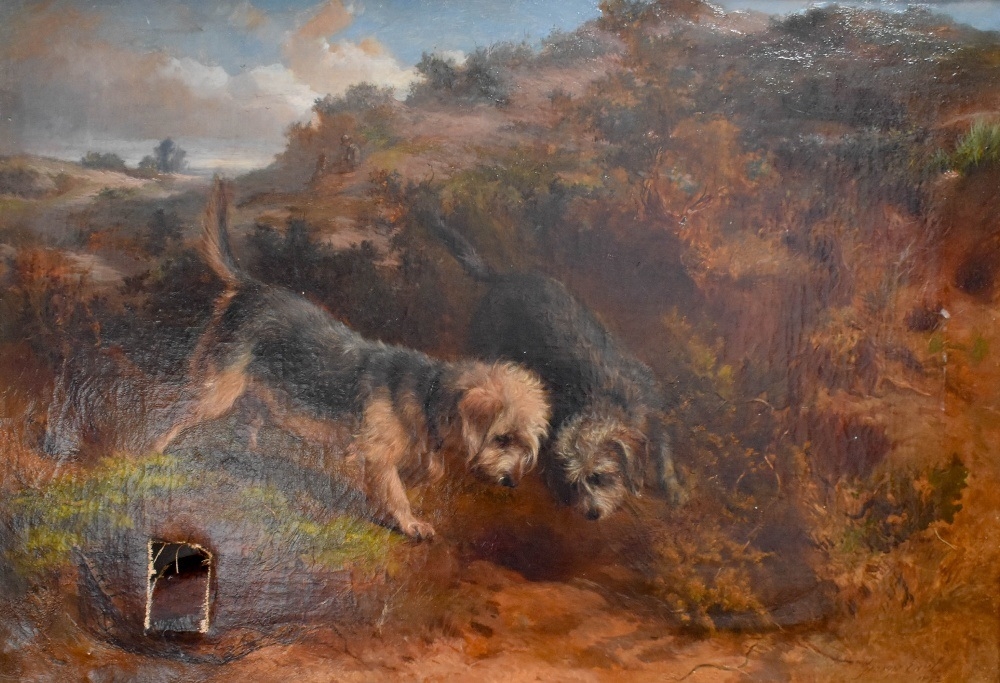 Artwork by George Earl, two Patterdale Terriers rabbiting, Made of oil on canvas