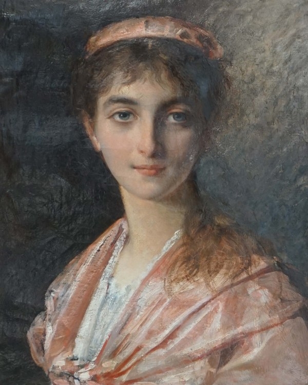 Artwork by Victoire Dujardin, Portrait de femme au châle rose, Made of oil, sand and plants on panel