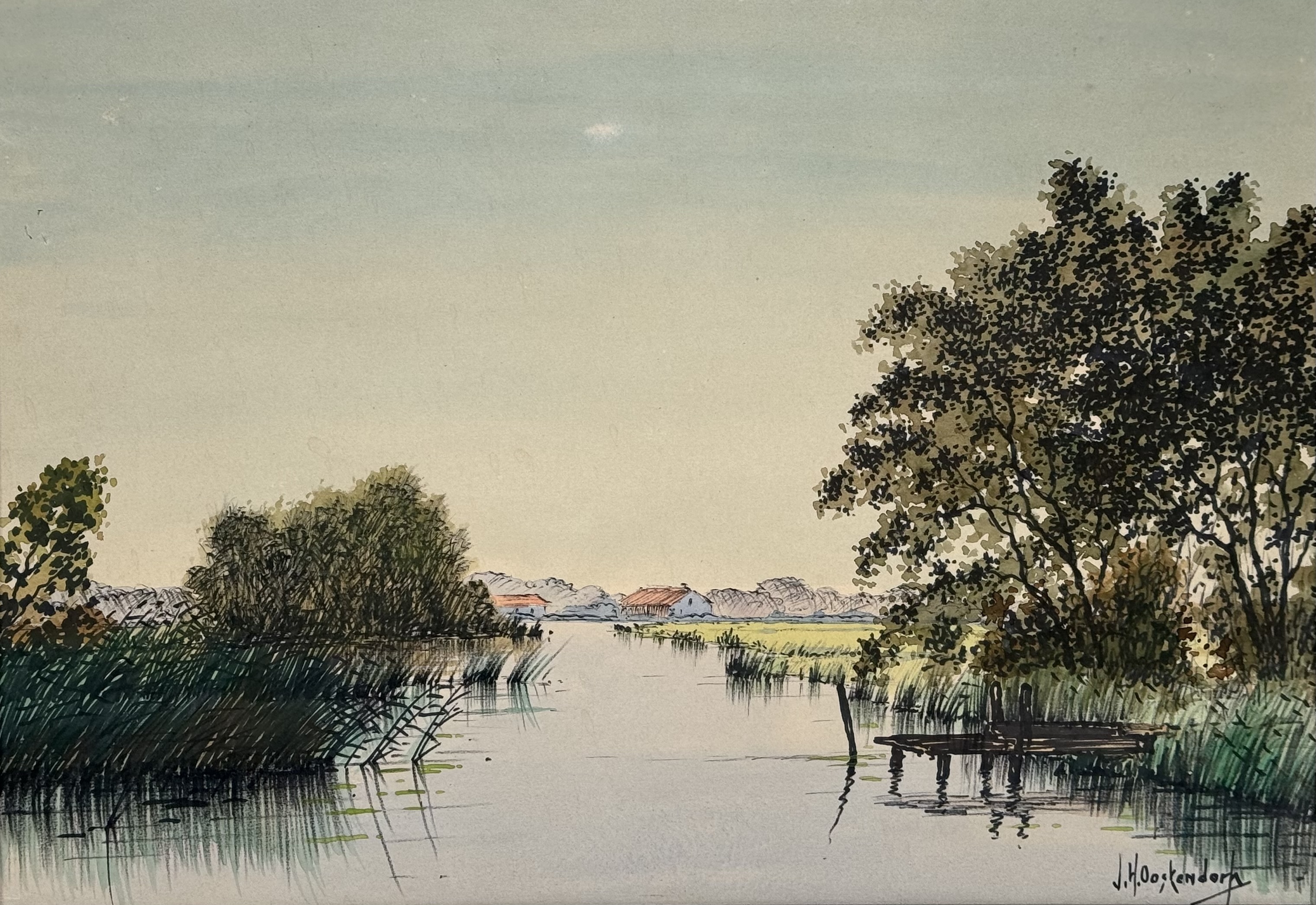 Artwork by Jan Harm Oostendorp, Aquareltekening getiteld “Molenberg visdag” door Jan Harm Oostendorp (1896-1979). Rechtsonder gesigneerd