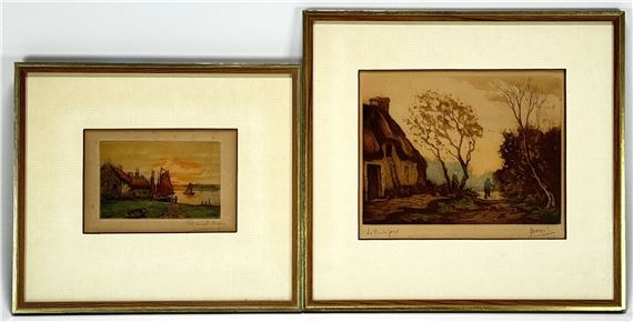 Twee Franse aquatint etsen van Marcel Augis en Lucien Davril getiteld “La Fin du Jour”. Frankrijk by Marcel Augis