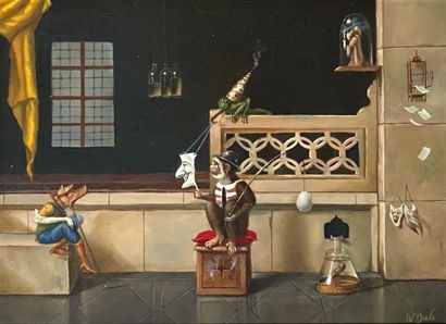 Artwork by Wim Bals, De maskerade" Animaux dans un intérieur, Made of Huile sur panneau