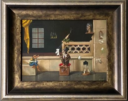 Artwork by Wim Bals, De maskerade" Animaux dans un intérieur, Made of Huile sur panneau