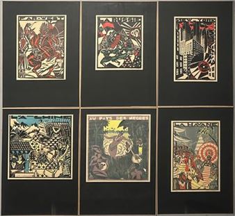 Six planches gravées de l'album de géographie par A Droesbeck : Avant page (55 x 36 cm) La Russie (26 x 22cm) / La Havane (33 x 23 cm)/ Far West (30,5 x 22,5 cm) / La Chine (30 x 30 cm) / 'Au pays des Nègres (31,5 x 30 cm - A. Droesbeks