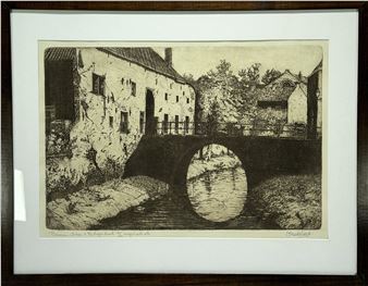 Ets getiteld “Binnen Dieze te ‘s Hertogenbosch” door Cornelis Marinus van der Woerd (1901-1994). Rechtsonder vermelding van titel en oplagenummer 61/100 - Cornelis Marinus van der Woerd