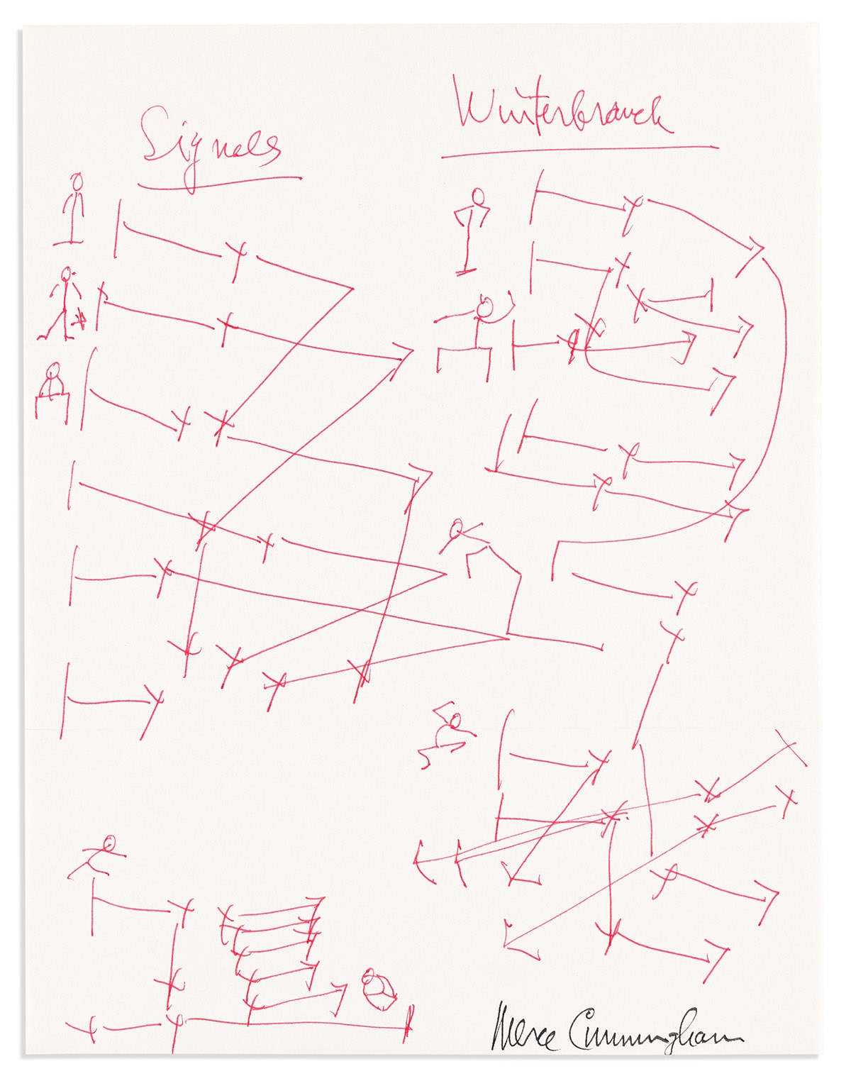 Artwork by Merce Cunningham, CUNNINGHAM, MERCE. Ink drawing Signed, diagrams for two dances, "Signals" and "Winterbranch," in red, Made of Ink drawing