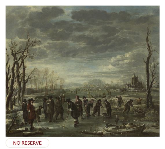 Aert Neer | A winter landscape with kolf players on a frozen lake by a ...