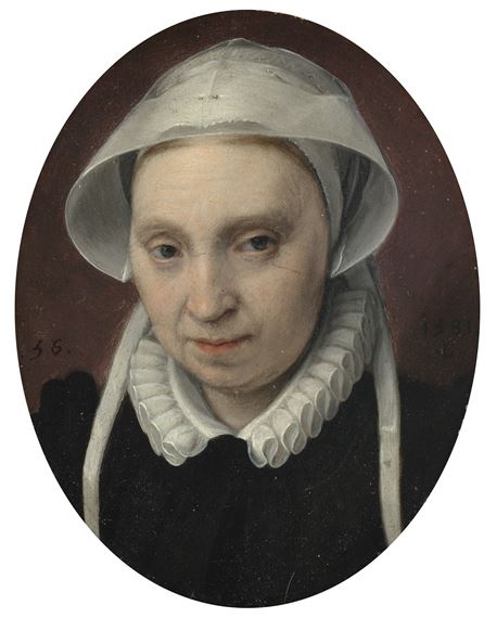 Portrait of a lady, bust-length, in a black dress, wearing a wing cap with starched tails and a white ruff by Bernaert de Rijckere, '1581