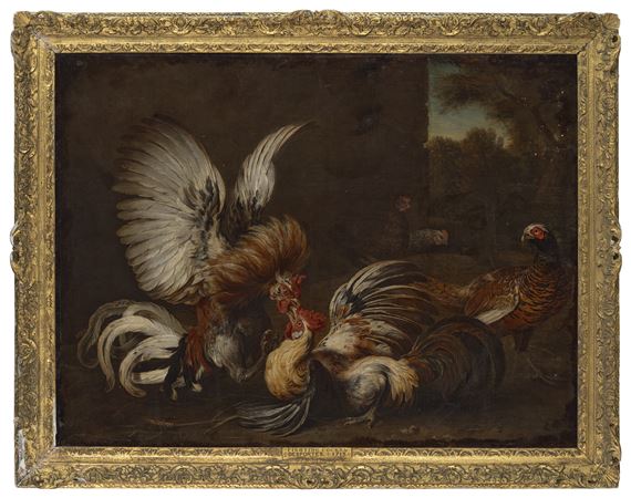 Two cocks fighting in a farmyard, a pheasant and two hens nearby by Alexandre-François Desportes, 1713