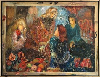 A textured, expressionist painting of five figures in a dimly lit interior scene.
