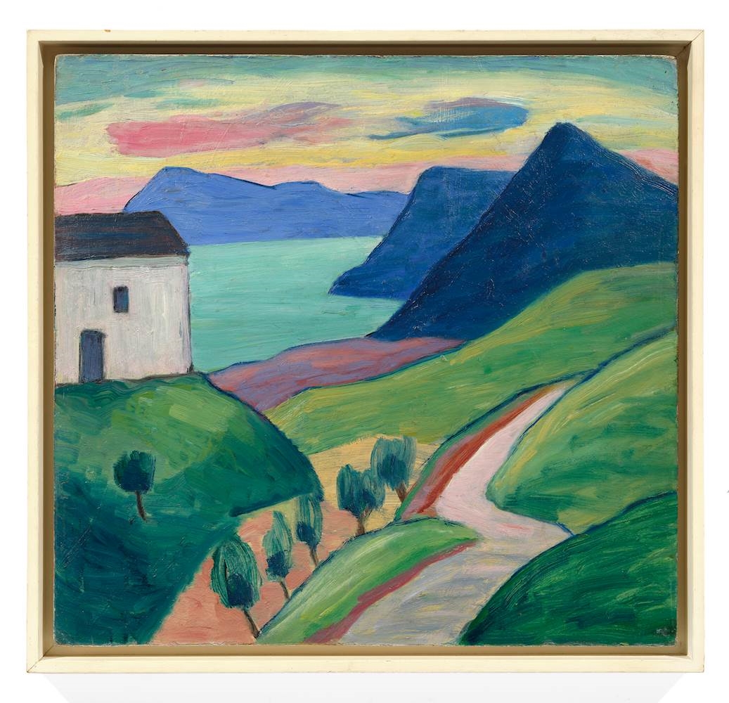 Artwork by Gabriele Münter, House by a lake with blue mountains, Made of Oil on board