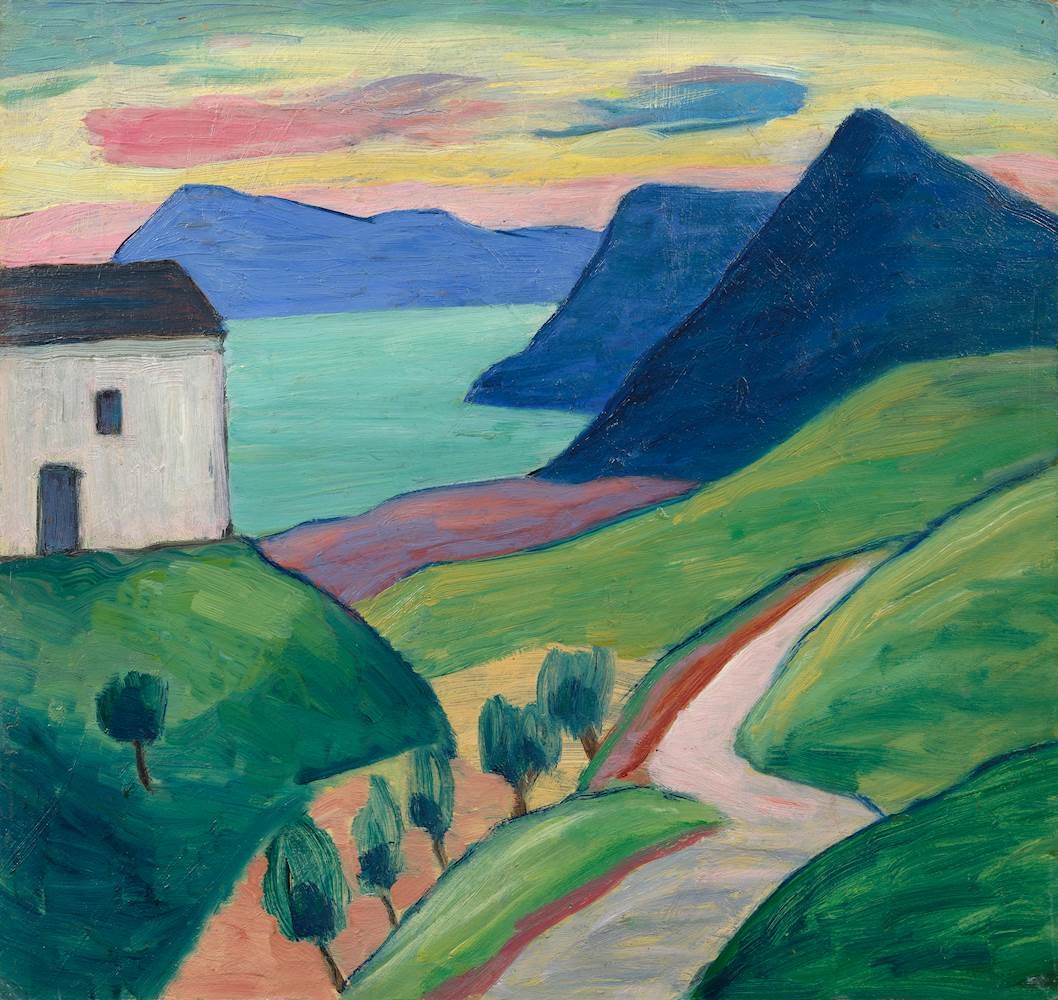 Artwork by Gabriele Münter, House by a lake with blue mountains, Made of Oil on board