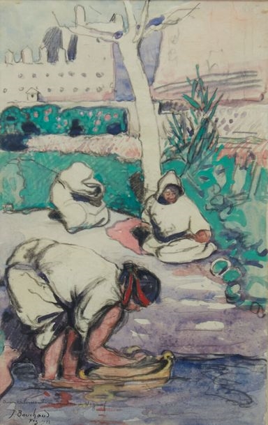 Artwork by Jean Bouchaud, Lively scene in Fez, Made of Watercolor and wash on framed paper