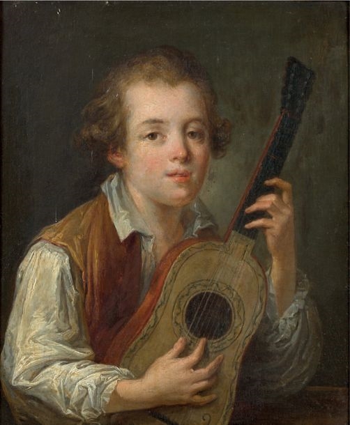 Artwork by Marie-Marc Antoine Bilcocq, Panel 22.5 x 18.5 cm - 8 7/8 x 7 1/4 in. The Guitar Player, Made of oil on panel Gilded