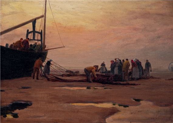 Returning from fishing in the evening on the Berck beach Oil on canvas. Signed lower right. 33 x 46 cm by Charles Emmanuel Joseph Roussel