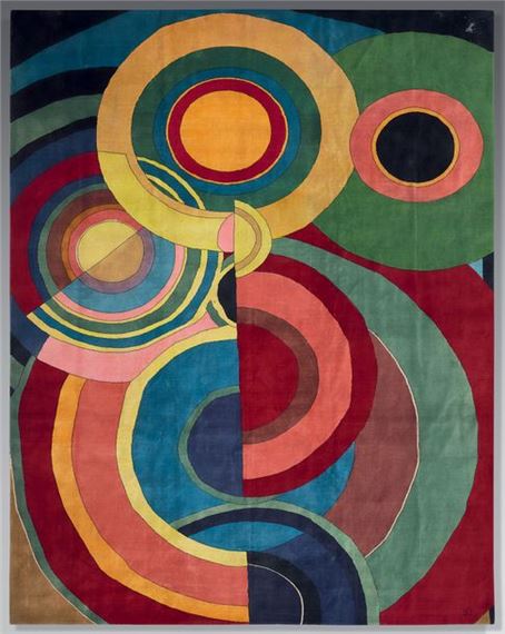 Very large hand-knotted wool rug. Monogrammed lower right. Dimensions: 435 x 265 cm by Sonia Delaunay