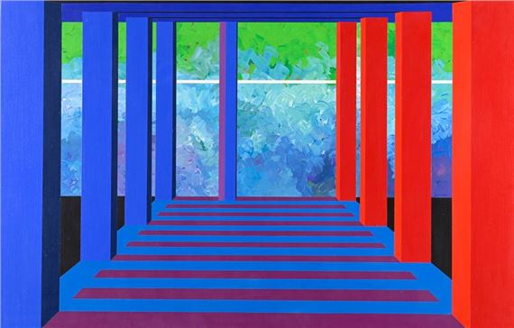 ZOUNI Opy, 1941-2008 Red and blue columns, 1999 acrylic on canvas signed to the right, signed and dated on the back 79 by Opy Zouni, 1941-2008