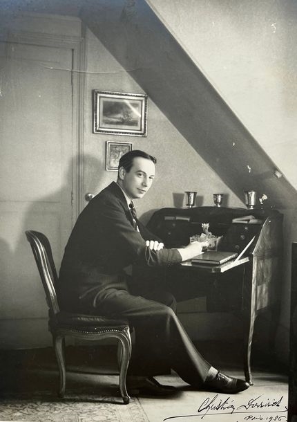 Artwork by Christian Duvivier, Portrait of a Man with his Secretary, Made of Vintage silver print, mounted on card