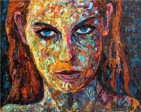 A vibrant, textured portrait of a figure with striking blue eyes and fiery hair.
