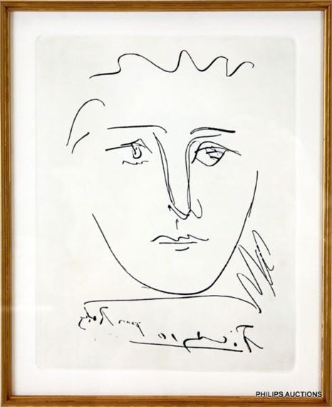 A minimalist line drawing of a face rendered in black ink on white paper, framed and signed.